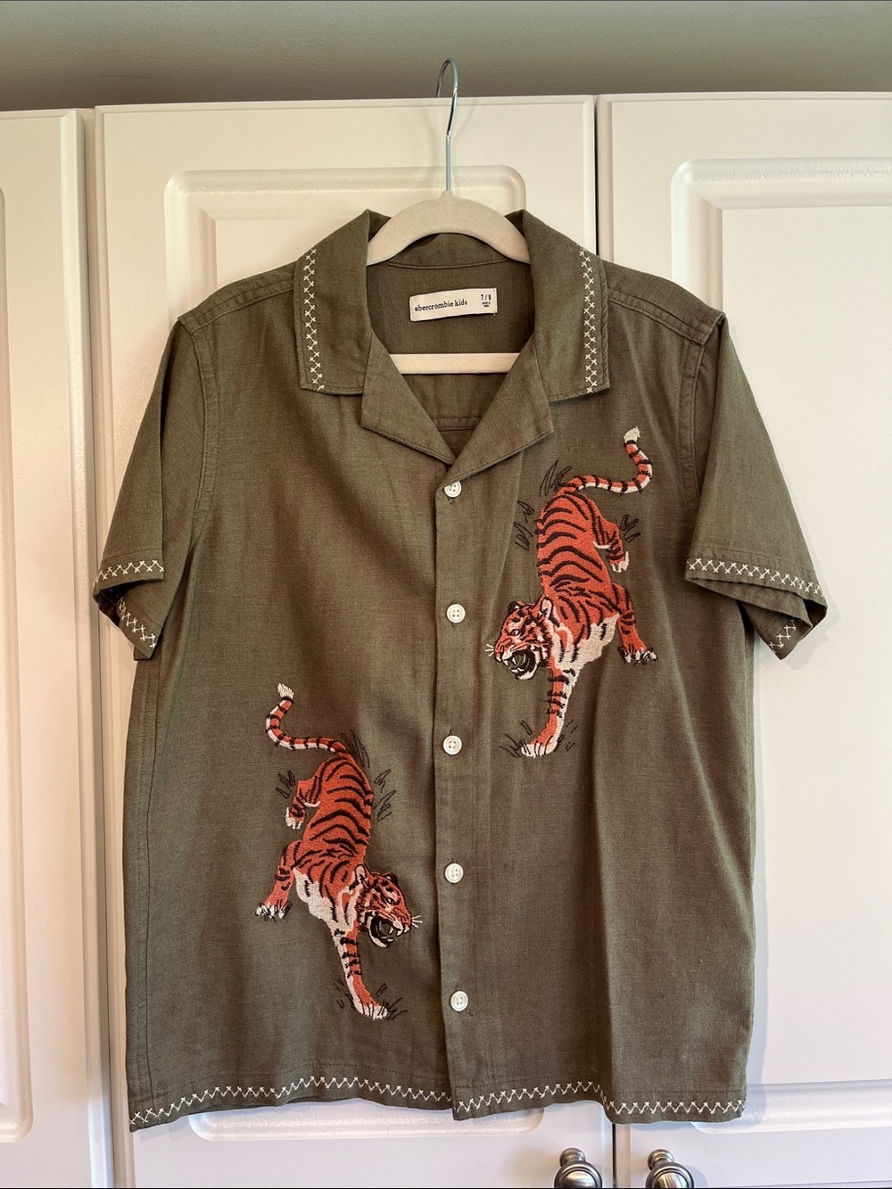 Abercrombie Kids Olive Short-Sleeve Button Up Shirt with Tiger Embroidery